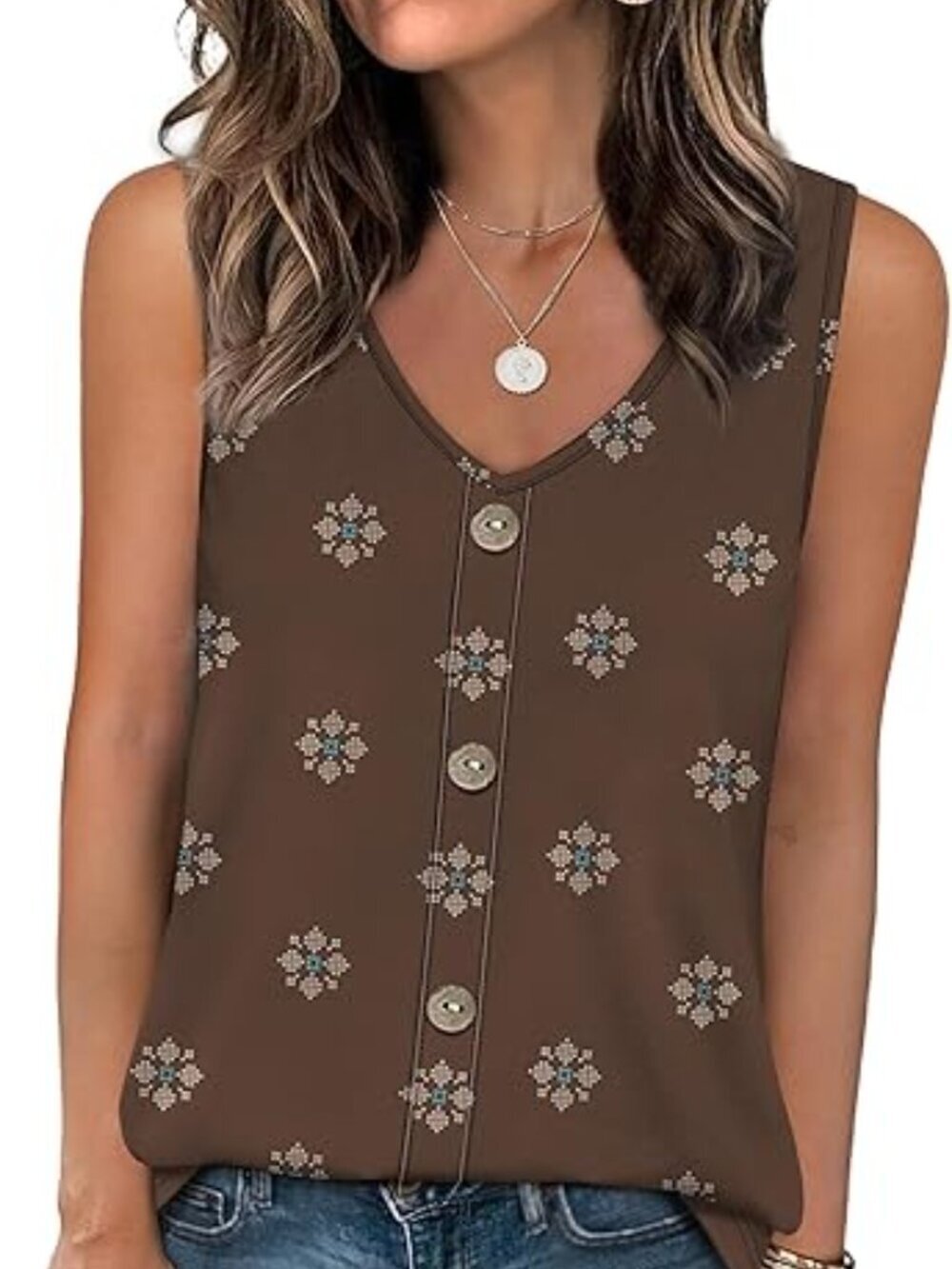 Women's Coffee Tank Top Loose Casual Summer Eyelet V Neck Basic Sleeveless Shirt